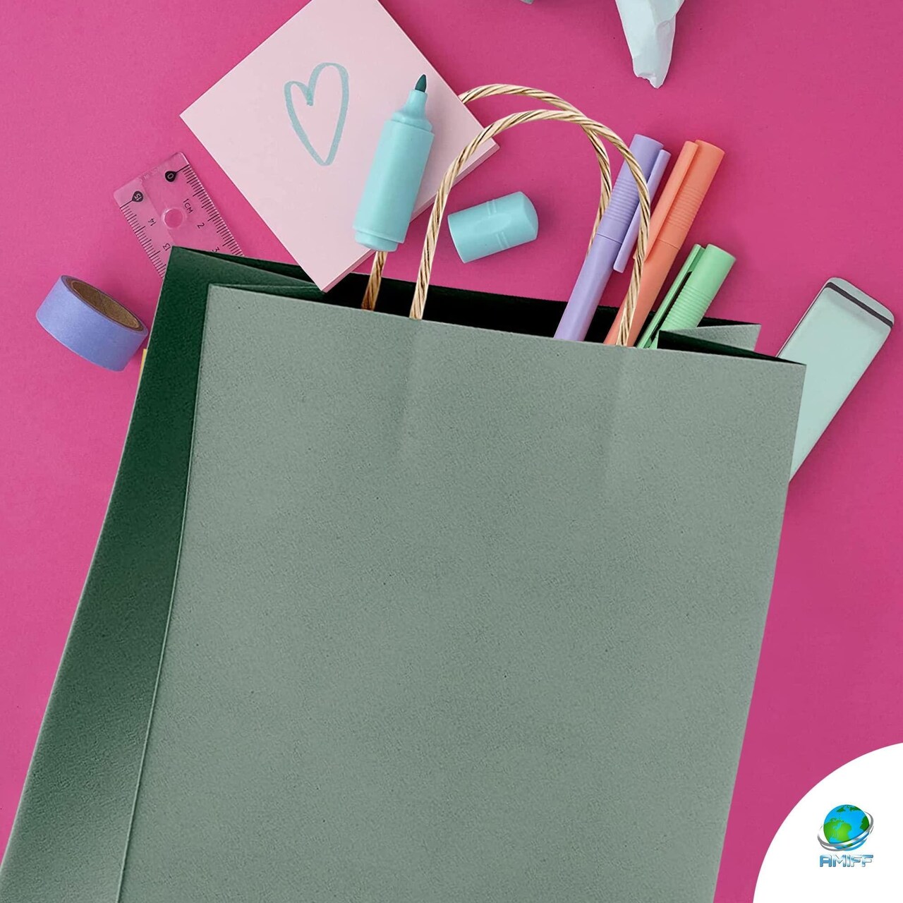 Amiff Sage Shopping Bags 8 x 4.75 x 10.5 Pack of 50 Sage Green Paper Bags with Handles 150 GSM Sage Green Kraft Bags with Handles Natural Sage Gift Bags with Handles Sage Color Gift Bags Bulk